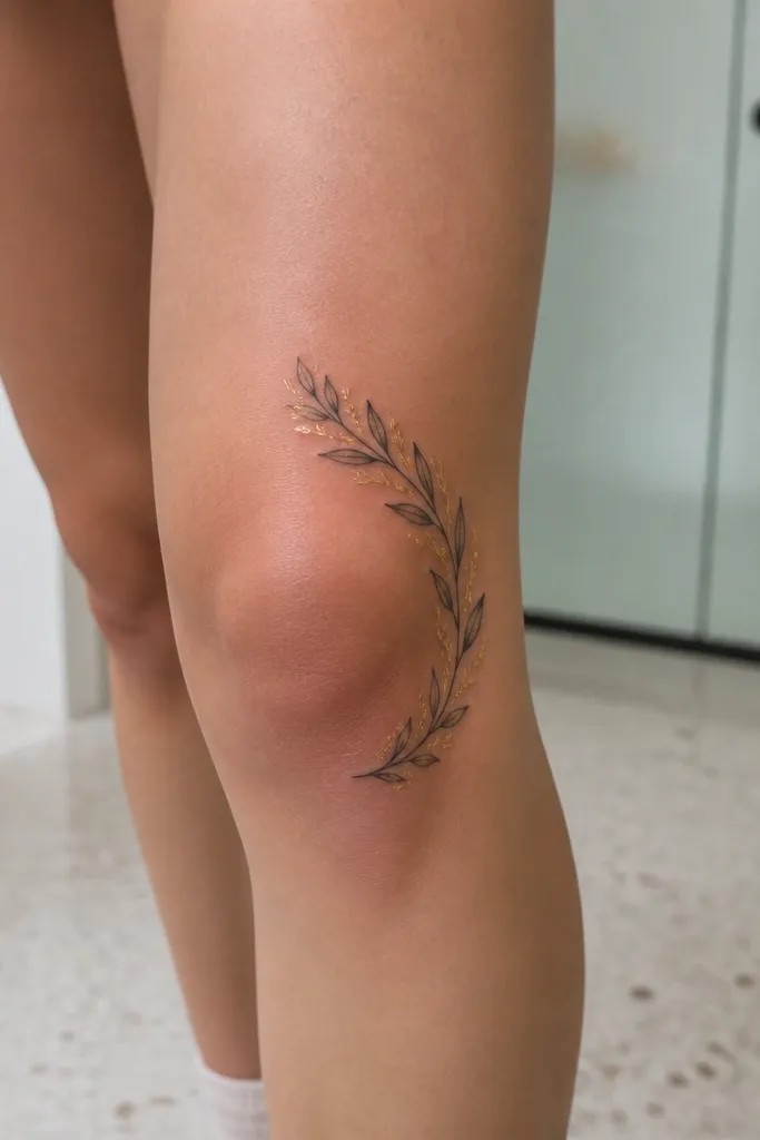 A tattoo wrapping the outer edge of the kneecap. A single olive branch arcs upward with medium olive leaves and a thin stem. The leaves have soft gray stipple shading and bright light highlights along the leaf veins, giving a gold-leaf look. The background is mostly skin with a few tiny dot accents near the top of the branch.