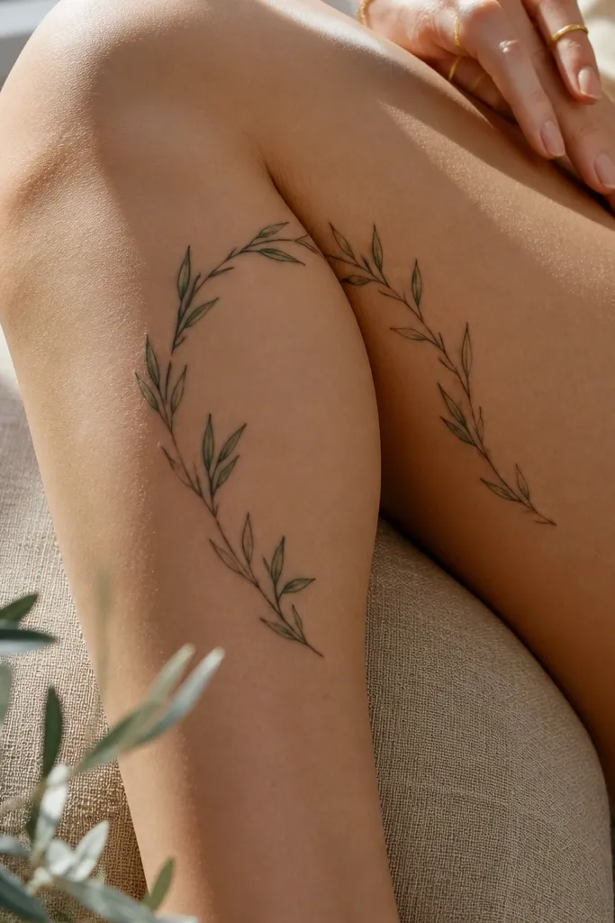 A delicate olive branch tattoo forms a vertical frame on the inner knee. Two slender stems rise toward the upper inner knee and meet near the top, with thin crown-like leaves pointing outward. The center stays mostly bare, creating a clear negative-space window. A small ribbon-like curve of line sits at the bottom of the frame.