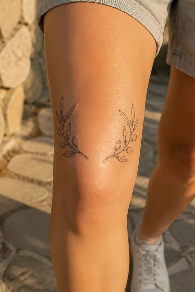 A split olive branch layout across the kneecap. One branch starts at the outer top of the kneecap and curves toward the center, while another mirrors it from the inner side. Leaves are grouped in larger clusters near the ends and smaller clusters near the center. The stem lines meet at a small central knot of dots and tiny leaf tips.