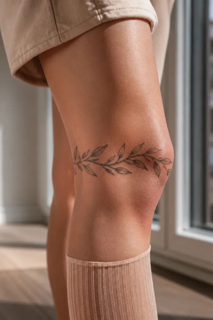The olive branch wraps around the upper knee like a bracelet. The stem curves around the kneecap with leaves alternating left and right. The tattoo follows the circumference, with the densest leaf cluster on the front outer quadrant. The back side of the knee is suggested by lighter line continuation, not full darkness.