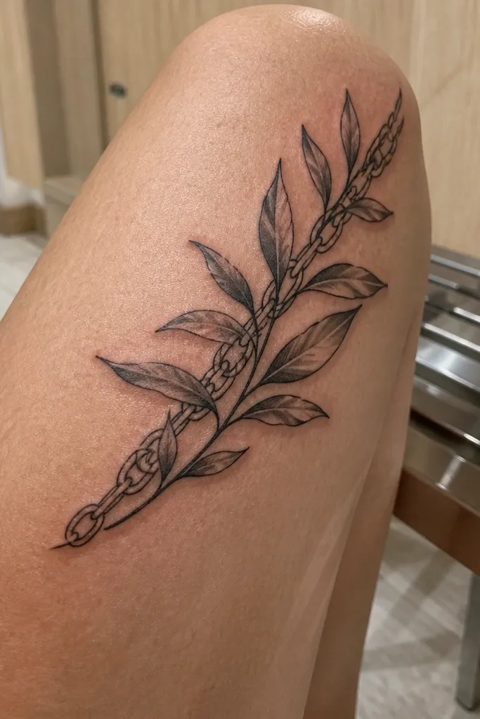An olive branch sits diagonally across the front of the knee. Under the main stem, a thin chain-link line runs like a subtle underline, with small leaf bases touching the links. Leaves have minimal gray shading and crisp outlines. The knee skin between the chain and leaf tips stays clear, creating a layered look.