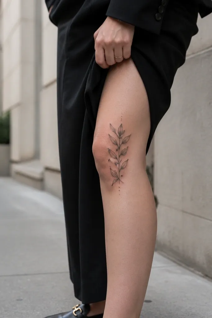 A minimal olive branch tattoo sits on the outer-front shin-side of the kneecap. The stem is thin and smooth, with a handful of leaves spaced evenly. The leaves are outlined with light gray shading and no heavy fill. Above the branch, there are a few tiny dot accents spaced like punctuation.