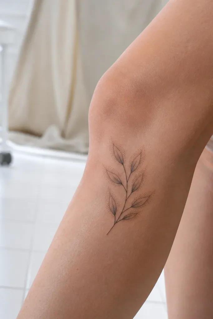A medium-size olive branch extends along the outer knee. Each leaf has a soft dotwork halo - tiny dots fade outward - with a clean outline and subtle gray shading. The stem is darker and crisp. The background includes a light scatter of dots that stays sparse around the branch, not a full background fill.