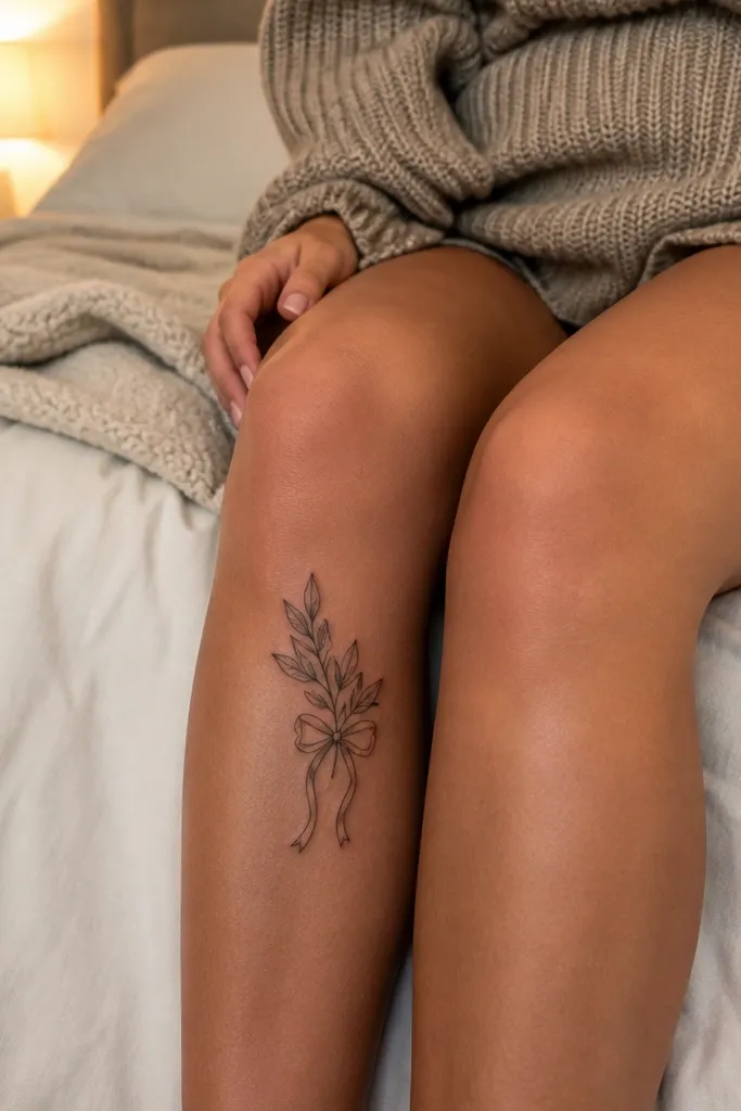 The olive branch climbs up from a ribbon knot centered at the bottom edge of the kneecap. The ribbon is drawn with thin folds and a small shaded shadow under each fold. Leaves fan out above the knot on both sides. The stem stays clean and the negative space around the ribbon remains clear.