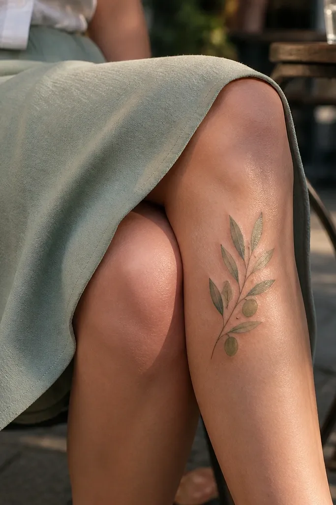 A black olive branch tattoo sits on the front outer knee with leaves outlined in dark ink. Inside the leaves, there's a sage green wash that fades at the edges, like watercolor. The stem has small gray shading, and the background stays mostly skin. A few leaves near the top have stronger green saturation.