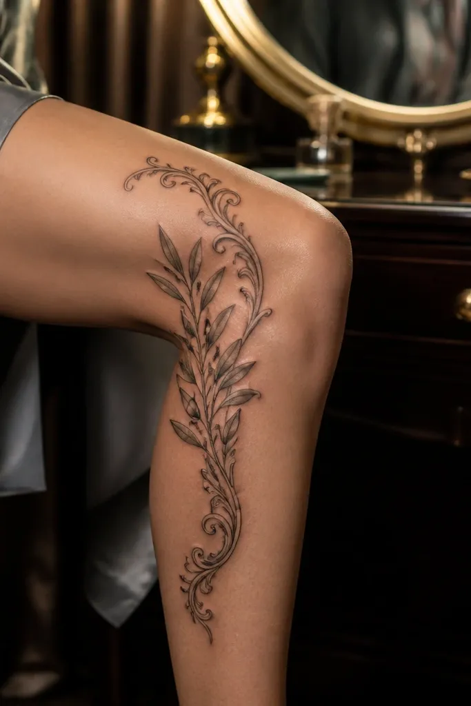 A central olive branch sits along the side of the knee, with a filigree border that wraps only on the outer edge. The border has thin curls and small leaf-like scrolls. The olive leaves in the branch are shaded lightly in gray. The inner side of the tattoo stays mostly clean with skin showing.