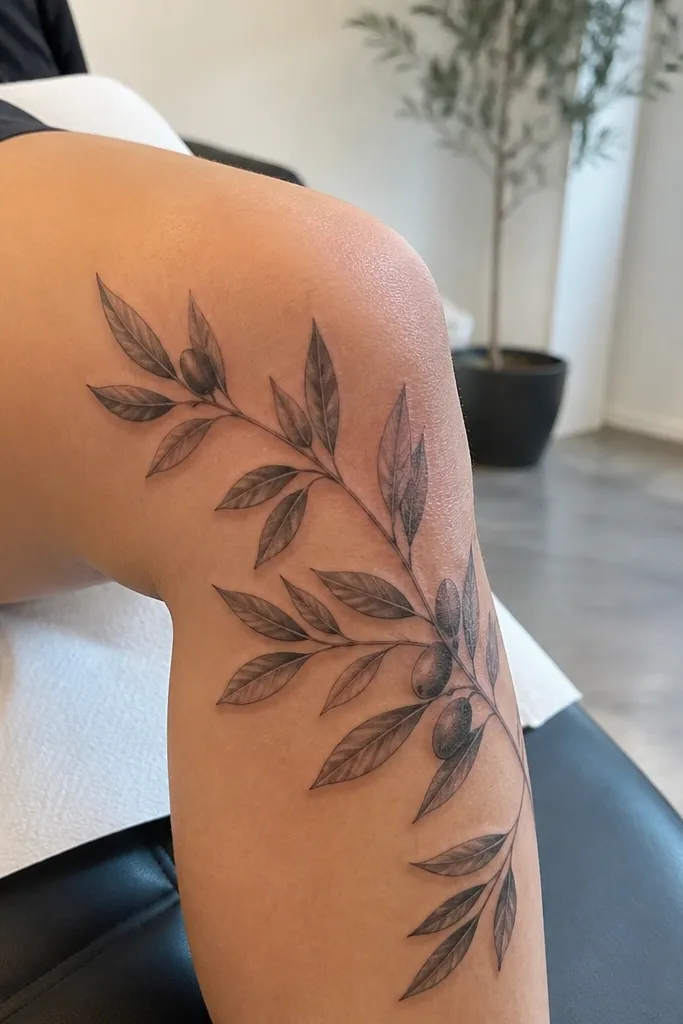 A realistic olive branch tattoo sits on the lower outer knee and upper shin area. Each leaf has visible vein lines carved in with fine gray and a soft shadow under the leaf edge. The stem is slightly thicker and darker. The background is clean with just a few tiny dot accents near the top leaves.