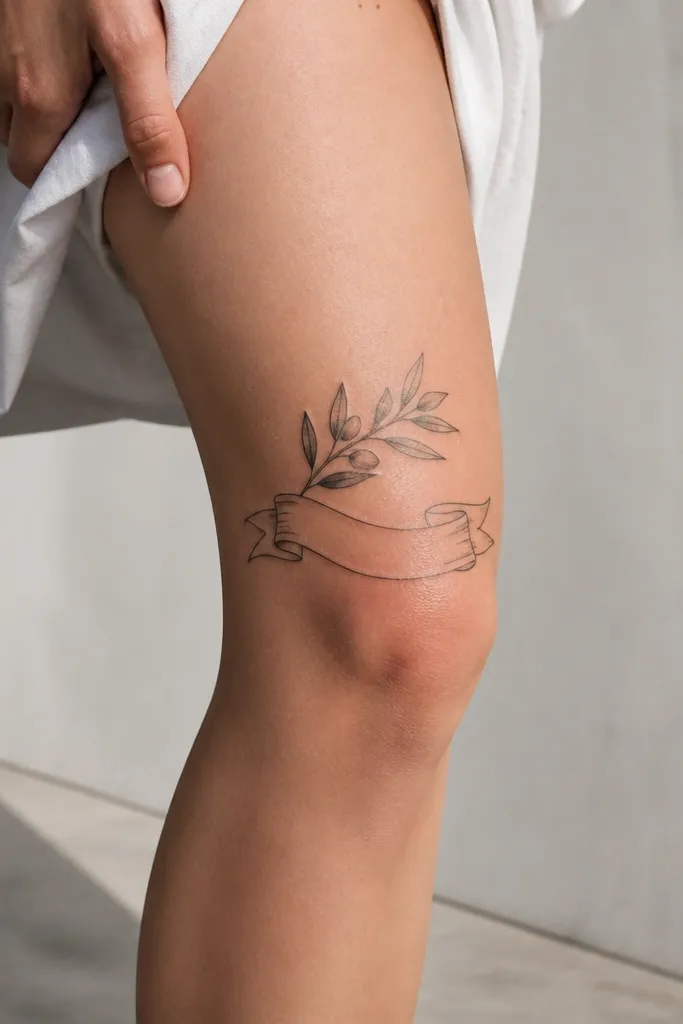 A bold olive branch sits above a ribbon banner drawn using negative space. The ribbon area is mostly skin, outlined with a thin border line and a couple of light gray shadows under it. Leaves hang from the ribbon top edge, and the stem loops into the ribbon ends. The overall tattoo looks like a seal with air around it.