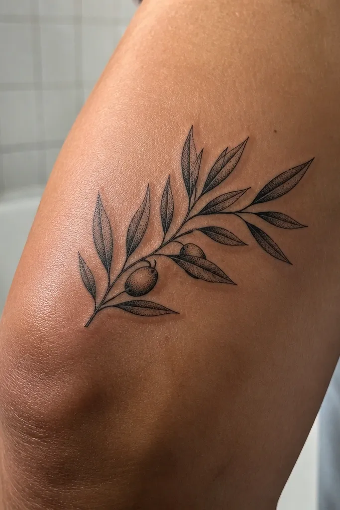 A blackwork olive branch is placed on the outer knee. The leaves have crisp black outlines and a thin line of dot shading only along the leaf edges. The centers of leaves are mostly solid black outline with minimal fill. The stem is clean and dark, with a few tiny dot clusters between leaves.