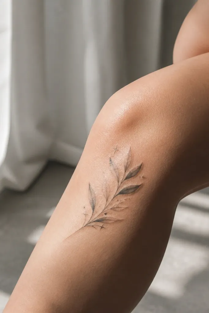 A soft grey olive branch sits on the front inner knee. The leaves are lightly shaded with realistic edges and thin vein lines. Around the top leaves, there are tiny spark-like dots - small clusters with a couple of star points. The stem is medium-thickness with a few small leaves spaced upward.
