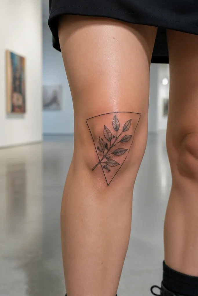 An olive branch sits inside a thin geometric triangle frame on the knee. The triangle border is drawn in fine black lines, with the branch stems rising along the triangle sides. Leaves are shaded in soft gray, and the center of the triangle is mostly leaf and skin negative space. The triangle sits slightly tilted, matching the knee contour.