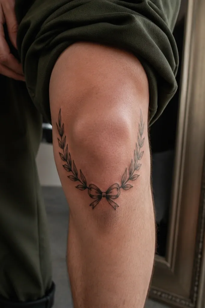 Two olive branches rise from left and right toward the center of the front knee, meeting at a small bow tie shape. The bow tie has defined loops and a small shaded shadow under the knot. Leaves are medium-sized, with alternating directions. The overall composition is symmetrical and sits across the front of the knee.