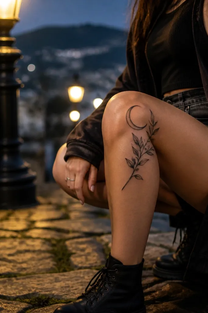 A crescent moon sits above an olive branch on the outer knee. The olive leaf tips reach up toward the moon's curve. The moon is outlined in black with light gray shading inside. The branch has crisp leaves with subtle stipple shading and a clean stem. The space between moon and leaves is mostly skin.