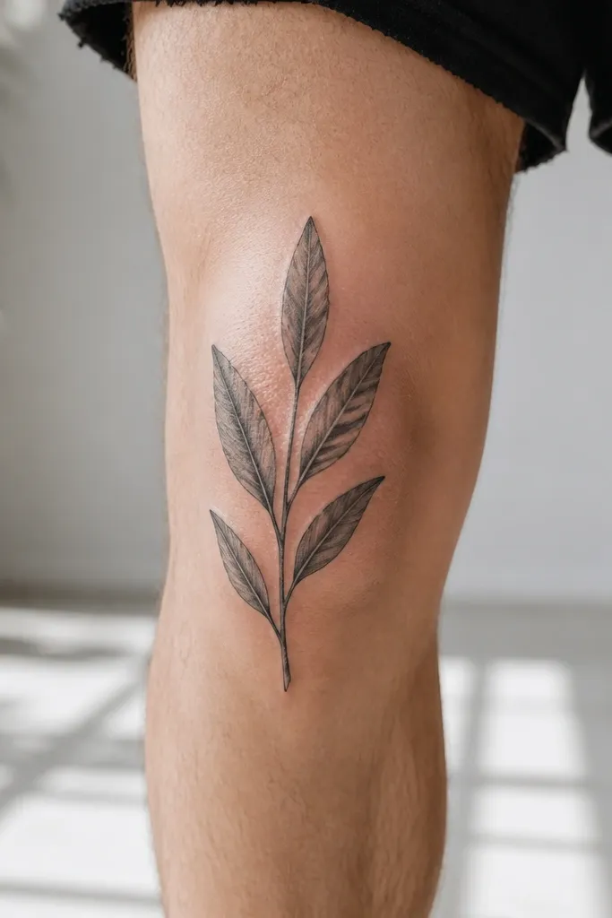 A vertical olive branch tattoo runs down the center of the knee area. There are three large leaves stacked along the stem, with the top leaf near the kneecap edge and the bottom leaf near the upper shin. The leaves have soft gray shading and vein lines. The stem is clean and medium-thickness, and the background is empty.