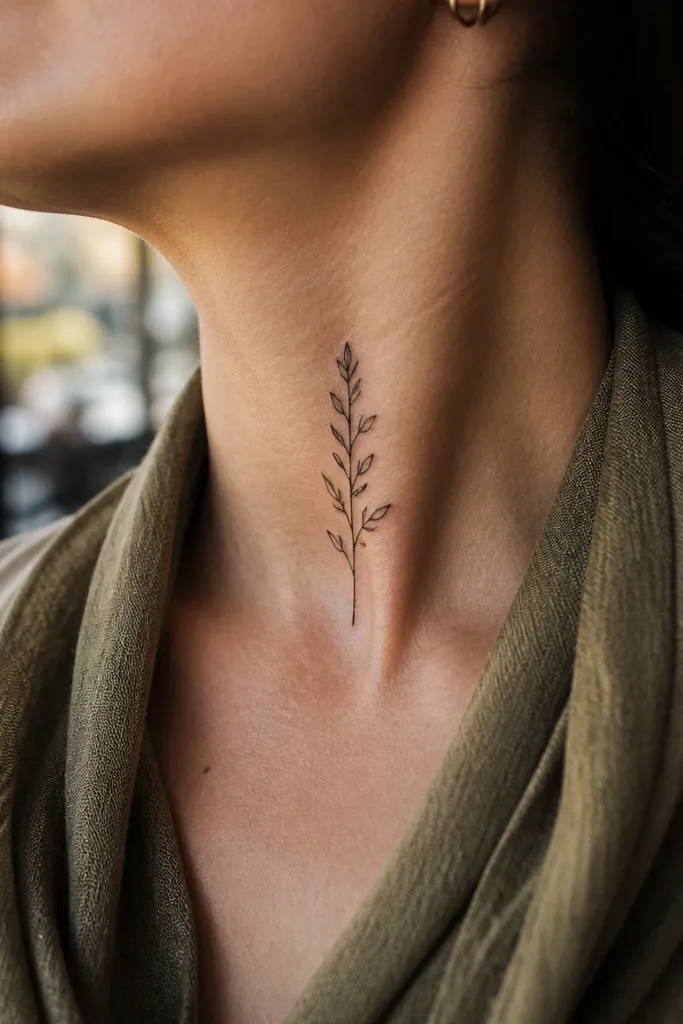 A small olive branch tattoo placed straight down the center front of the neck, starting just below the jawline and tapering toward the upper sternum. The stem is a single clean black line with tiny micro leaves spaced evenly, each leaf outlined and left mostly unfilled. The skin shows natural neck texture and the tattoo looks crisp in a mirror selfie with a low neckline.