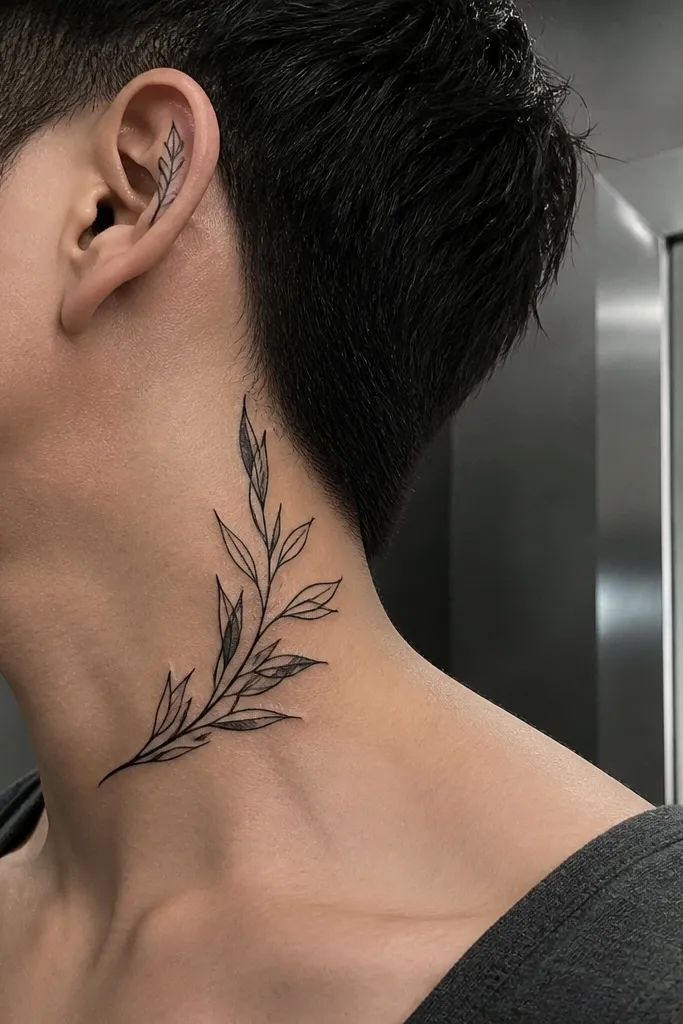 A curved olive branch tattoo on the left side of the neck that wraps toward the back just slightly. The branch arcs from behind the ear down toward the upper side of the throat, ending near the outer collarbone. One leaf near the top is slightly larger and angled toward the ear, with thin linework and small negative-space gaps between leaves.