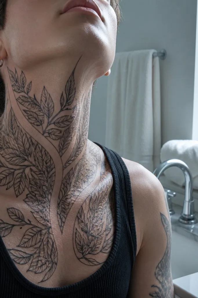 A thin olive branch on the side of the neck drawn with black outlines, but the center of the stem and leaf interiors are intentionally left blank. The negative space forms a ribbon effect, making the leaves look lighter and more airy. The tattoo is photographed with a turtleneck neckline partially visible, showing the design against skin.