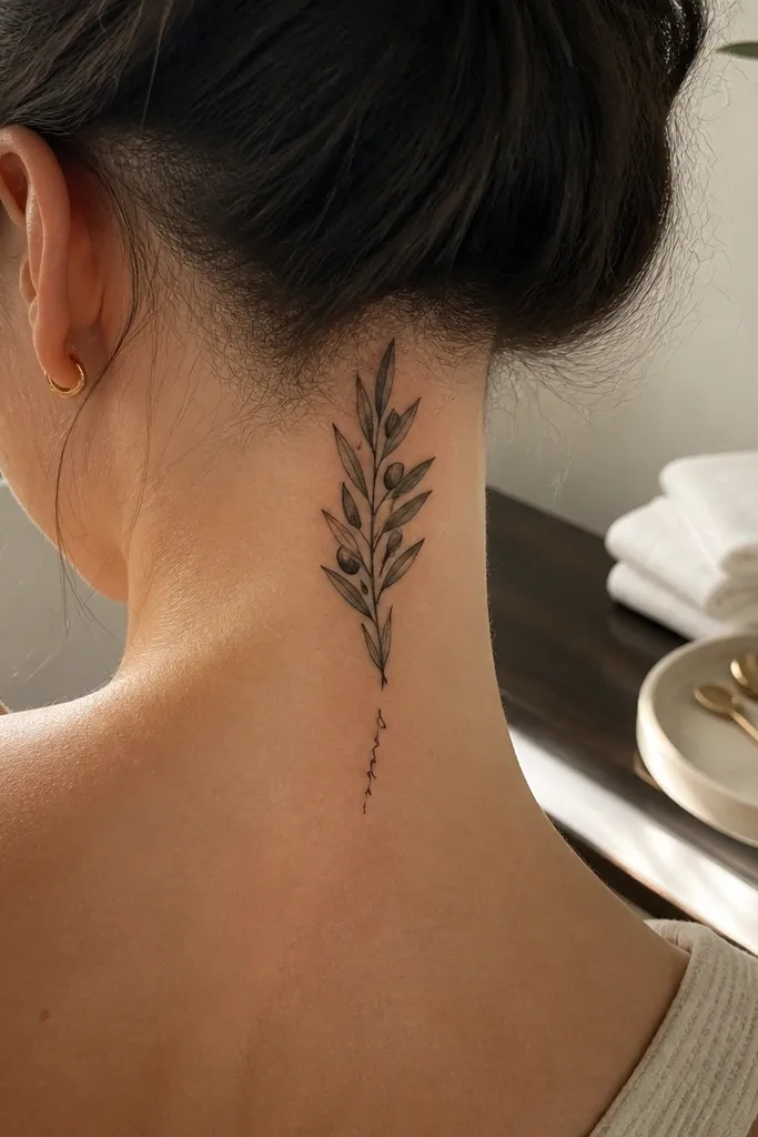 A centered olive branch tattoo on the front neck where the stem ends in a tiny flourish that turns into fine script-like strokes. The leaves are small and outlined, and the bottom end has a thin calligraphic curl instead of a plain leaf. The photo shows the tattoo at an angle with soft shadows under the jaw.