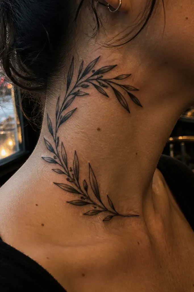 A small olive branch crown that sits along the side of the throat, curving upward toward the ear like a mini halo. The leaves form an arc with overlapping tips, and the bottom stem fades into a thin line. The tattoo is shown in a close selfie with hair tucked behind the ear, making the crown shape pop.