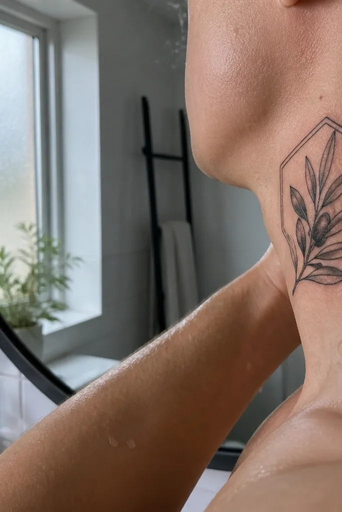 A vertical olive branch on the front neck inside a thin geometric frame made of straight lines and small corners. The branch has outlined leaves, and the frame sits like a minimalist rectangle around it. The photo shows the tattoo with a slight forward head tilt, revealing sharp line edges against skin.