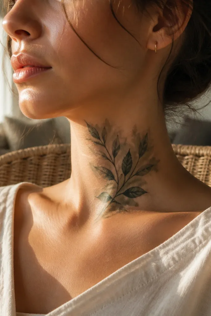 A fine-line olive branch on the side of the neck with black outlines, and a soft watercolor fade in pale green that bleeds outward from the leaf edges. The fade looks like a gentle mist rather than solid color. The tattoo is photographed in daylight, showing the soft edge fade against natural skin tone.