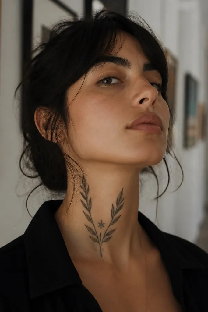 A centered olive branch on the throat where one leaf pair frames a tiny five-point star. The star is a small crisp black shape, and the surrounding leaves are outlined with minimal stipple. The tattoo is shown in a close-up with the wearer wearing a black crew neck shirt, making the star stand out.
