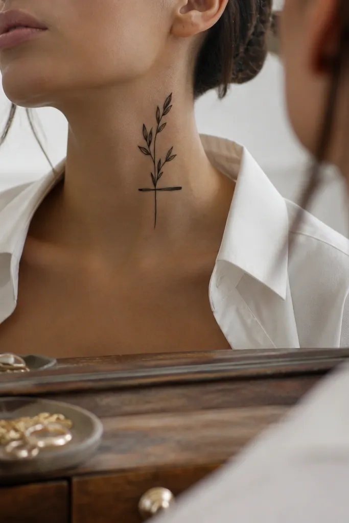 An olive branch tattoo on the upper front neck with a thin horizontal crossbar that intersects the stem near the top. The branch has three larger leaves and several small ones, all in clean black outlines. The crossbar looks like a straight line accent, and the tattoo is photographed with a pendant neckline showing the placement.