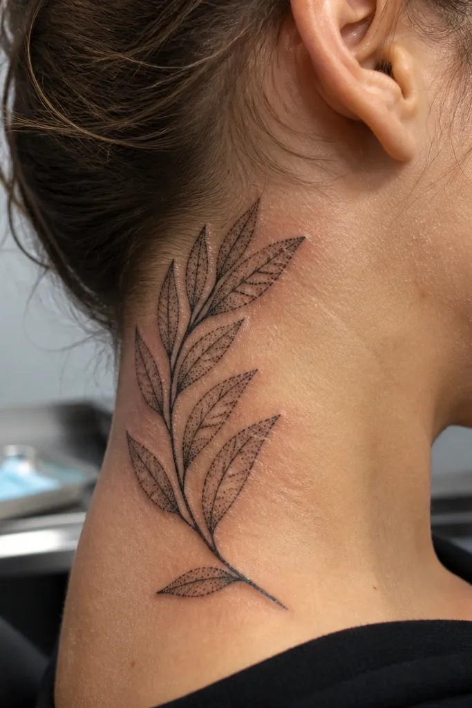 A small olive branch tattoo on the side of the neck with crisp black outlines and micro dotwork shading concentrated along the stem and the underside of leaves. The dots are fine and sparse, creating a textured look rather than a filled-in dark area. The photo shows the tattoo under direct window light, where the dotwork catches subtly.