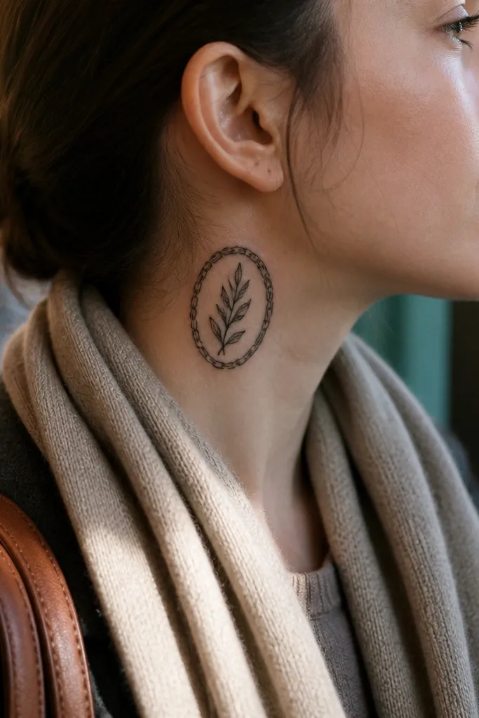 A vertical olive branch on the front neck framed by a thin border of small chain links that run around the branch. The chain links are drawn as tiny connected ovals in black linework. The olive leaves are outlined with minimal stipple, and the chain border sits like a delicate frame.