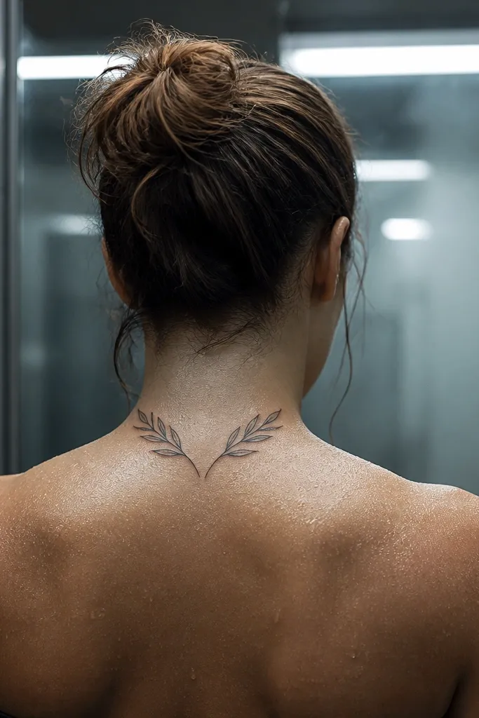 A minimal olive branch on the back-side of the neck near the hairline, with a central stem and only two prominent leaves - one on each side - like a balanced fork. The leaves are outlined and slightly angled outward. The tattoo is shown in a side profile photo with hair parted to reveal the back-neck placement.