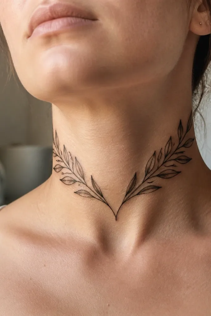 A soft V-shaped olive branch tattoo on the front neck, where the stem splits into two thin branches that curve outward, each ending in a cluster of three leaves. The lines are fine but crisp, with no heavy shading. The photo shows the V shape framing the hollow of the throat with a clean, minimal look.
