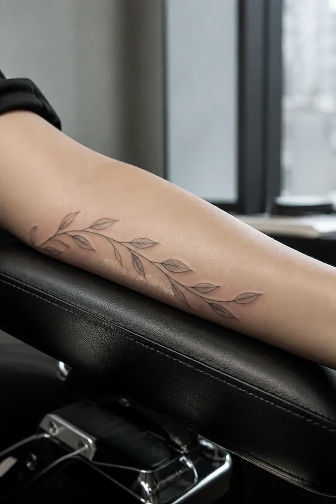Two best friends in matching outfits stand side by side. Each has a single olive branch tattoo arcing across the outer forearm, with thin tapered stems and small leaves shaded in cool gray. The leaves have faint vein lines, and the branch ends curl slightly toward the wrist.