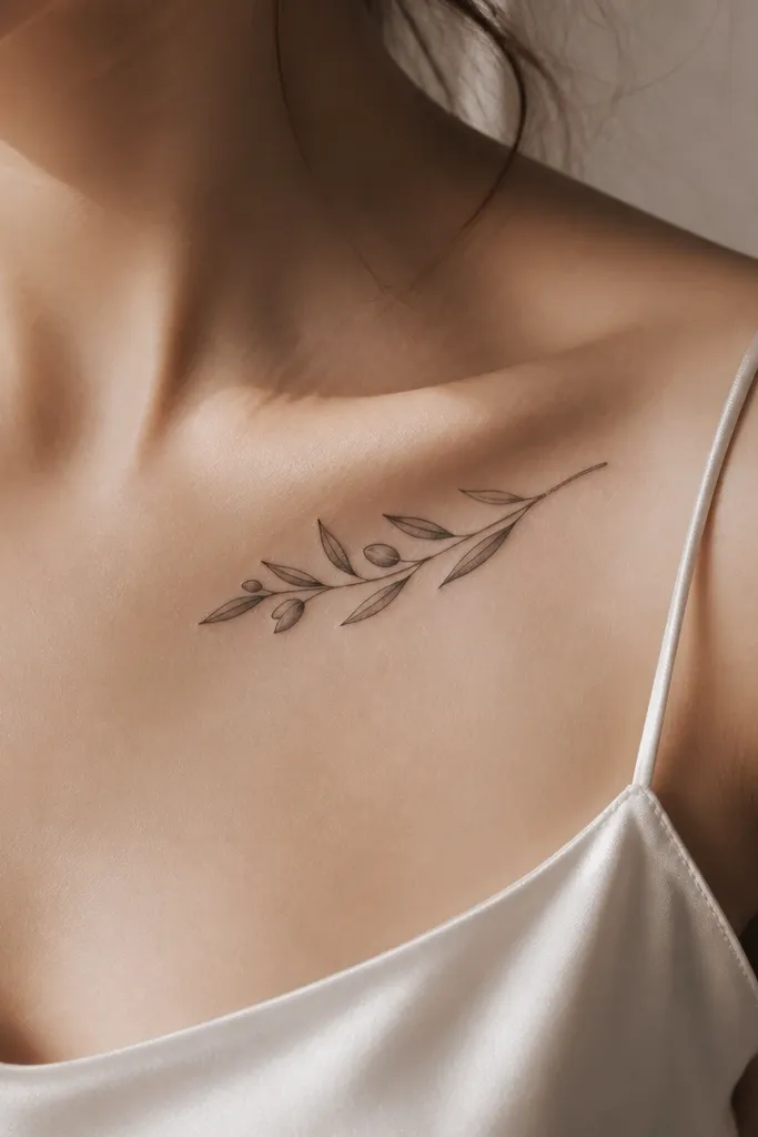 A woman wears a thin strap top. Her collarbone shows a small cluster of olive leaves with an olive branch stem that curves gently from the inner collarbone toward the shoulder. The leaves are spaced with clear air gaps, and the shading is light and wispy, with tiny vein lines visible.