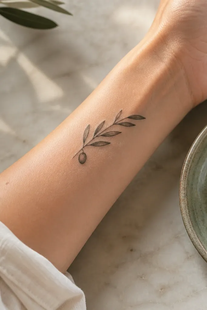 Two friends pose with their hands near their chests. One arm has a branch that ends in a single small olive fruit with a subtle highlight, while the rest of the branch is leaf-only. The lines are thin, and the fruit looks like a little bead rather than a big blob.