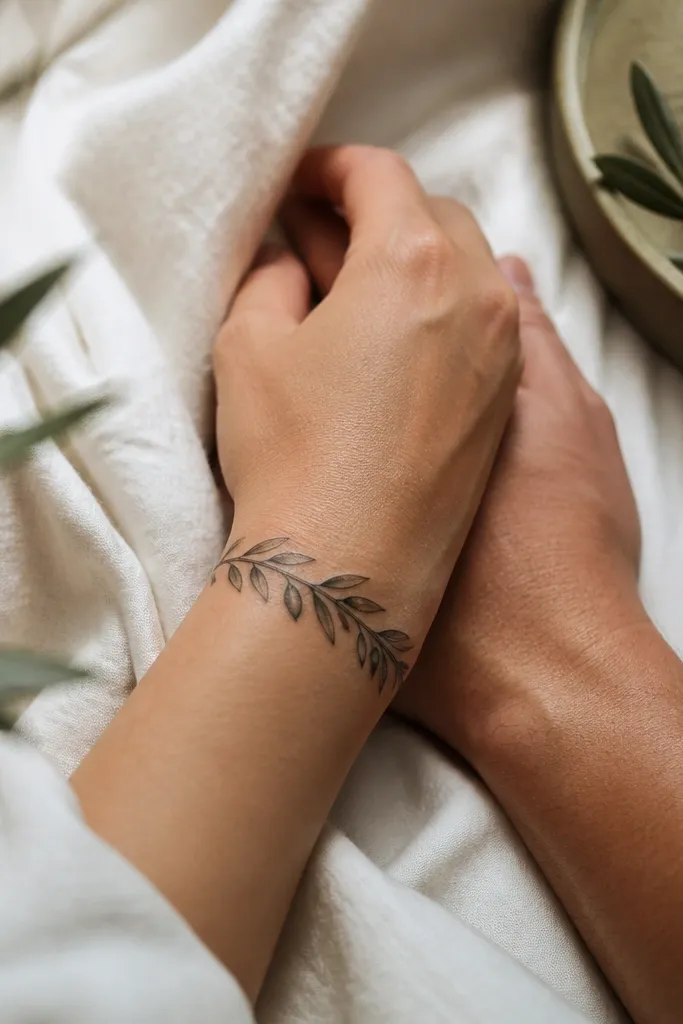 A close-up photo of a wrist shows a half wreath tattoo wrapping around the outer wrist bone. The olive branch curves like a bracelet, with leaves pointing outward. The shading is soft and the stem line tapers at both ends.