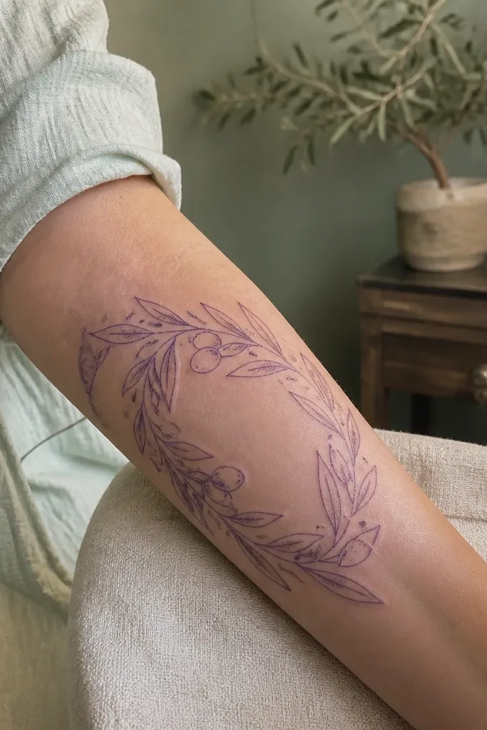 A photo shows two friends from the waist up. Each has an olive branch running diagonally across the forearm, and inside the branch's open leaf spaces there are two small name initials in negative space, like skin showing through. The leaves are light and there's no dense black background.