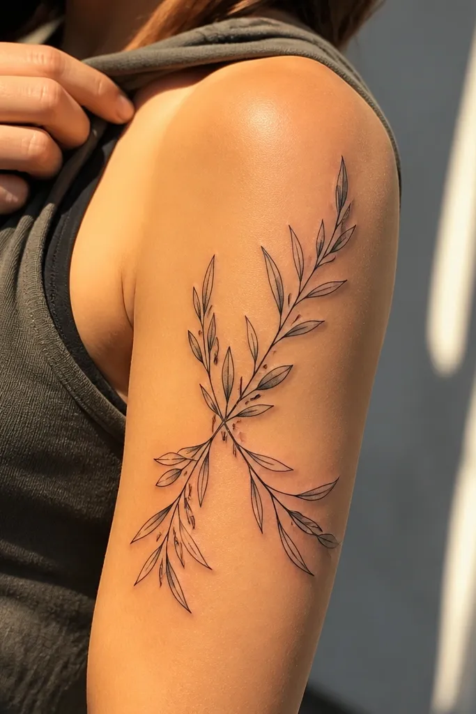 A person in a sleeveless top has two olive branches crossing on the outer bicep. The leaves overlap slightly at the crossing point, with thin stems and soft gray shading. The overall design looks like a gentle X with airy spacing.