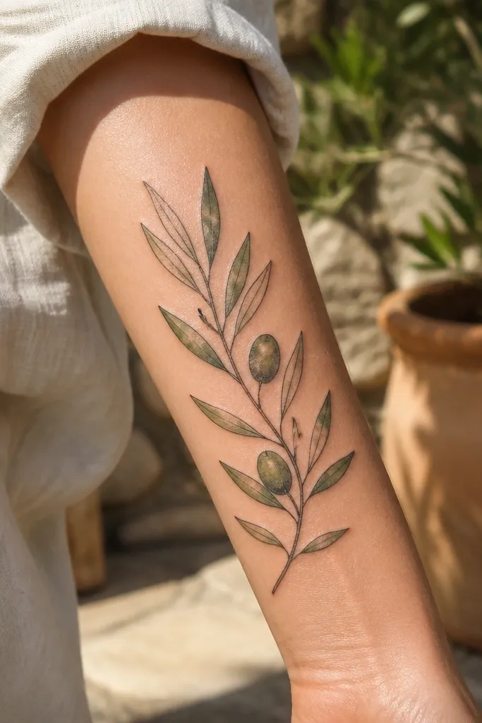Two friends have a branch tattoo on the upper arm with fine-line leaves and small watercolor-like green and sage gradients concentrated on leaf tops. The outlines stay thin, and the shading looks like soft wash rather than solid color.