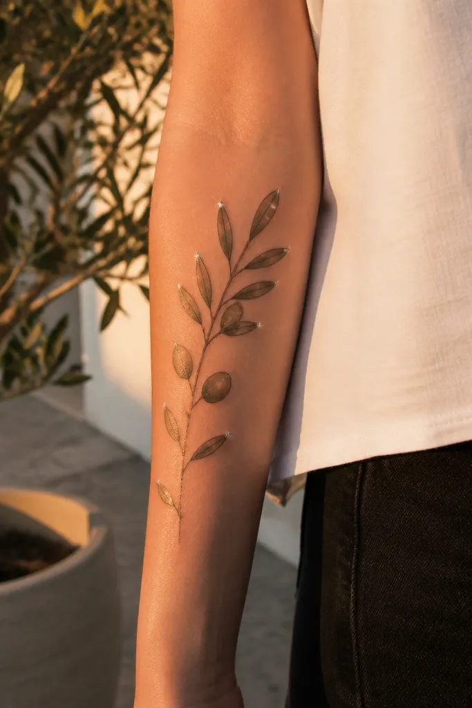 A forearm tattoo shows an olive branch with thin leaves and a few tiny white-gray dot highlights scattered like sun sparkles. The rest of the branch is soft gray shading, and the dots make the leaves look glossy.