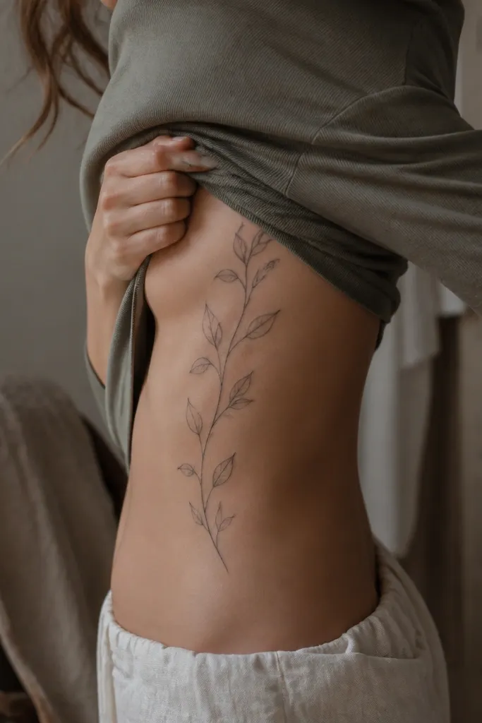 A ribcage tattoo runs along the side of the ribs. An olive branch stem curves downward with small leaves spaced like a gentle waterfall. The shading is soft gray and the leaves look slightly translucent with fine vein lines.