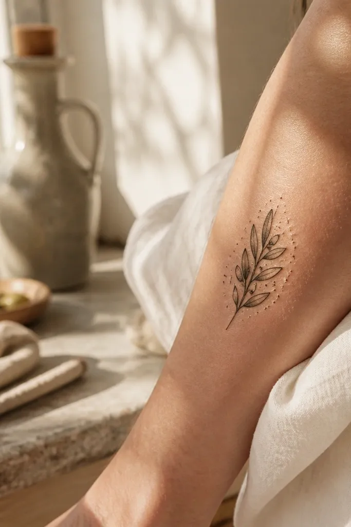 A small olive branch tattoo sits on the upper arm. Behind the leaves there's a faint field of micro dots, like soft dust, while the branch and leaves stay crisp with thin outlines and gray shading.