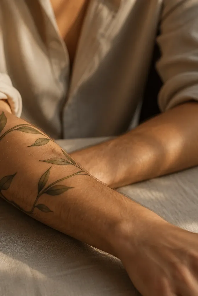A forearm tattoo looks like an olive branch ribbon wrapping around the arm. The leaves sit on both sides of the stem, alternating left and right, with a gentle twist. The shading is soft and the stem line is thin.