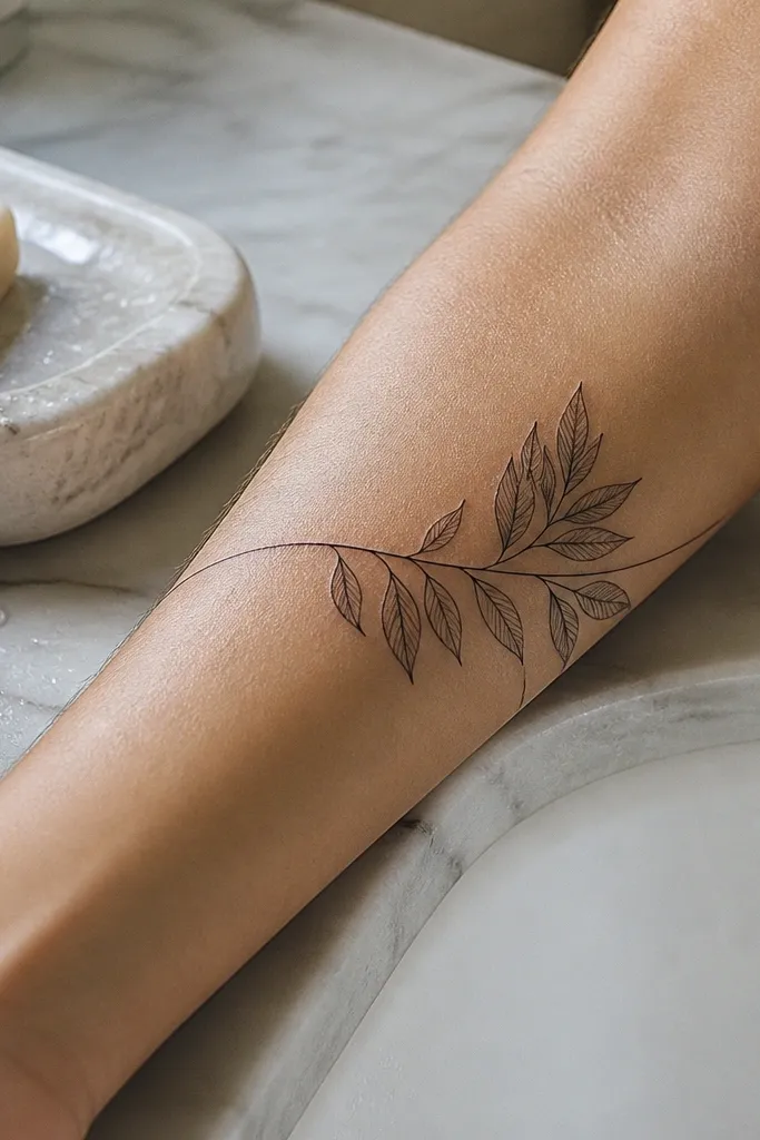 A tattoo on the upper arm shows an olive branch with leaves whose tips tuck under a thin curved line like a subtle frame. The branch stems are thin, leaves are spaced with air gaps, and shading is minimal.