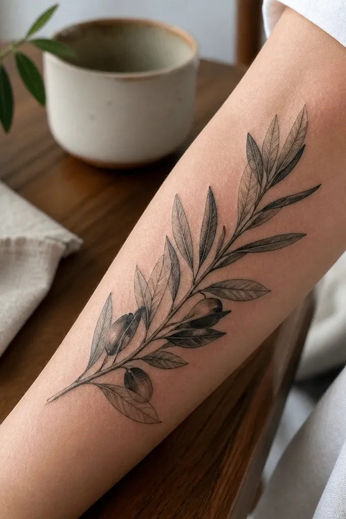 Two friends have small olive branch tattoos on their inner forearm. The design is mostly linework with minimal gray shading - just enough to hint depth. The leaves have clear, thin vein lines, and the stem tapers neatly.