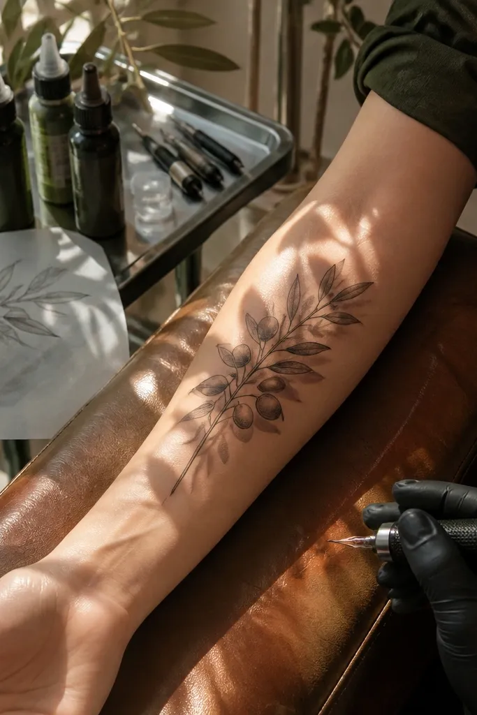 A forearm tattoo looks like a pencil sketch version of an olive branch. Leaves have gentle gray pencil-like shadows, and the stem line is thin. The shading is uneven in a natural way, with light and dark pockets that look hand-drawn.