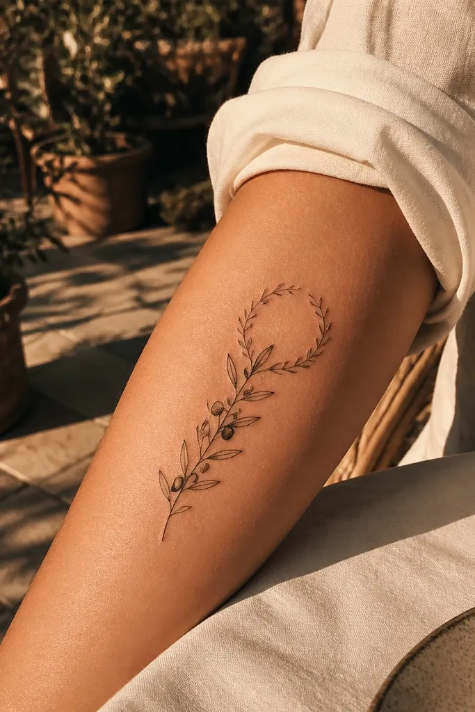 A collarbone or upper chest tattoo shows a small crown-like curve of leaves at the top, with a longer olive branch dropping below it. The leaves are thin-lined with soft gray shading and airy spacing between each leaf.