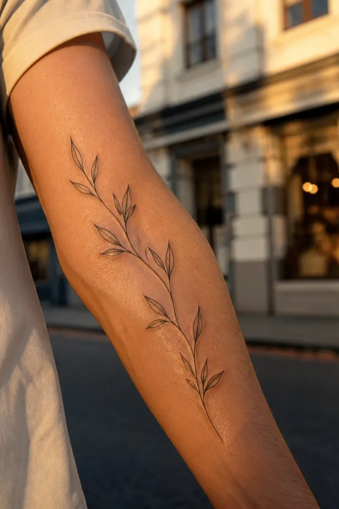 A fine line olive branch tattoo wraps diagonally around the outer forearm, starting near the elbow and ending above the wrist. The branch spine is slightly darker, with small almond-shaped leaves alternating left and right. A few leaves have tiny dot veins, and the negative space stays open between leaf clusters.