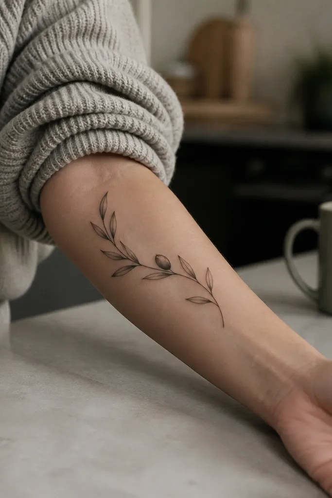 A fine line olive branch tattoo sits on the inner forearm, wrapping along the bone line. It uses one main stem with only 9 leaves total, each leaf angled toward the wrist. The stem has a smooth S-curve, and there's a tiny olive oval at the center near mid-forearm.