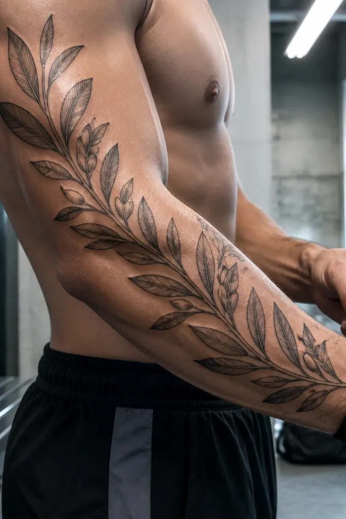 A fine line olive branch starts on the outer bicep and cascades down toward the upper forearm in a loose wrap. Leaves overlap like a gentle waterfall, with the largest leaves near the bicep and smaller ones as it descends. The olive ovals appear in a line across the cascade.