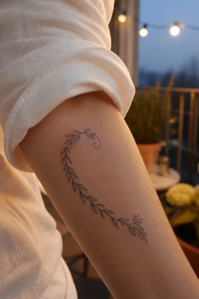 A fine line olive branch wraps around the forearm with both ends curling slightly upward like two tiny parentheses. The leaves point outward from the stem, and at each end there are three micro-leaf clusters shaped like a small wreath. The linework stays crisp and mostly black with no color.